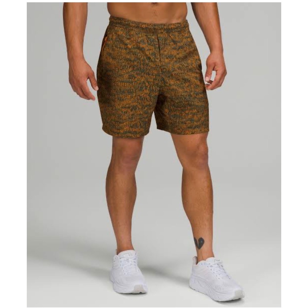 Lululemon Pace Breaker Shorts Mens L Orange Grey Print Excellent 7" Inseam